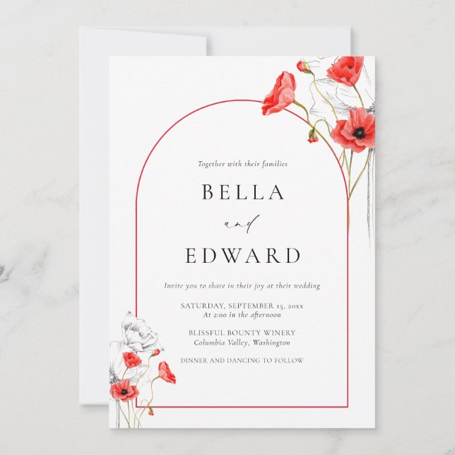 Invitation Mariage photo moderne Pavot Rouge Fleurs Arch (Dos)