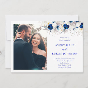 Invitation Mariage photo moderne Royal Blue & White Floral