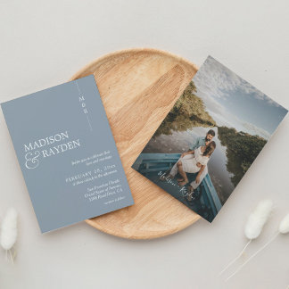 Invitation Mariage photo moderne simple Dusty Blue Monogram