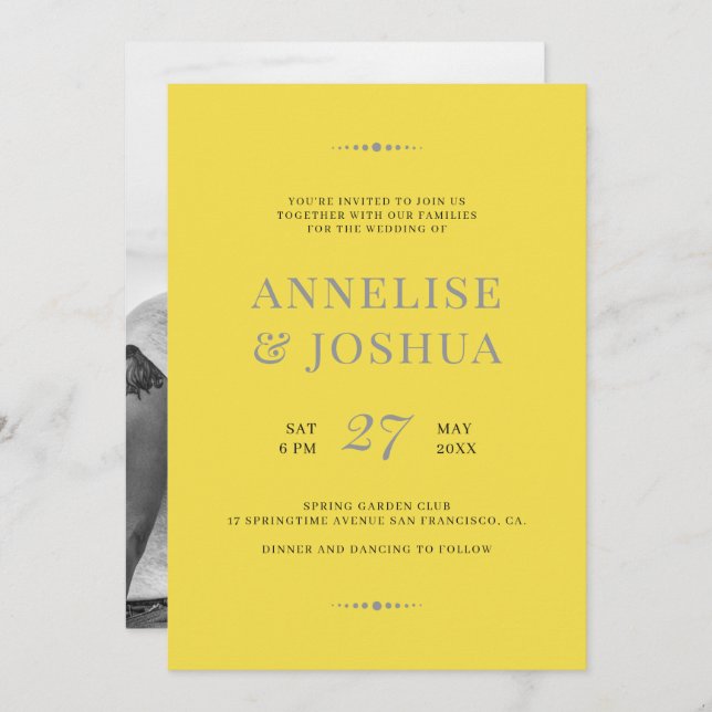 Invitation Mariage photo moderne tendance gris jaune simple (Devant / Derrière)