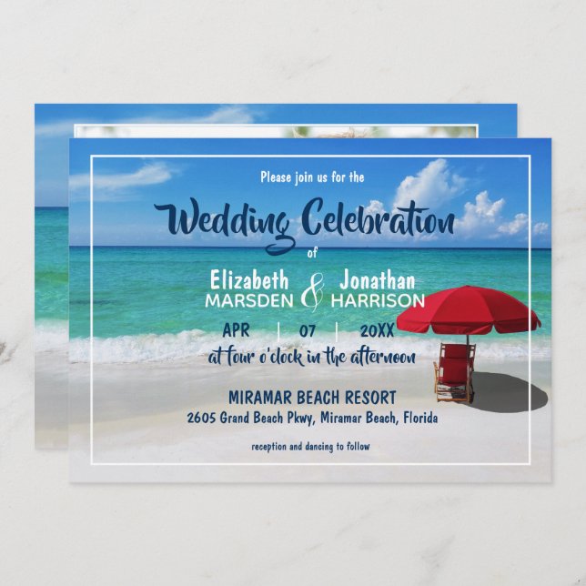 Invitation Mariage photo moderne Tropical Beach Red Umbrella (Devant / Derrière)