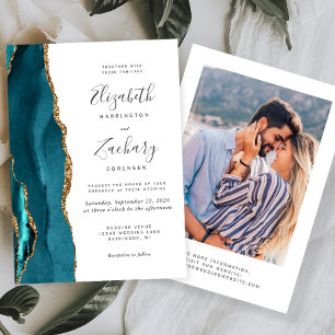 Invitation Mariage photo moderne Turquoise Blue Gold Agate