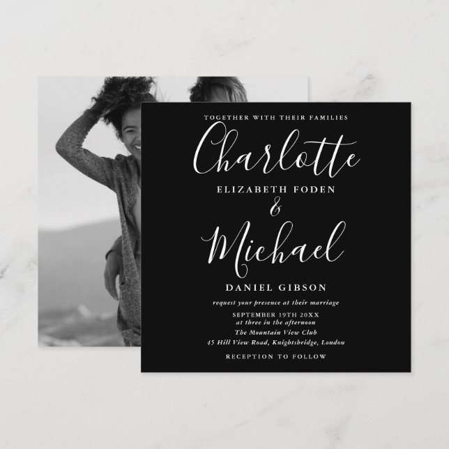 Invitation Mariage photo monochrome écriture noir et blanc (Devant / Derrière)