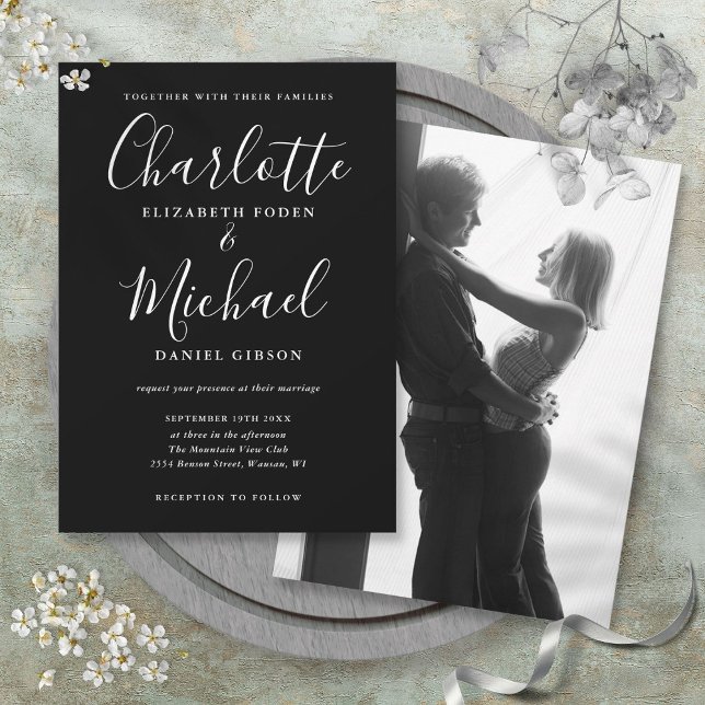 Invitation Mariage Photo Monochrome Script Noir Et Blanc (Black And White Script Monochrome Photo Wedding Invitation)