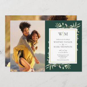 Invitation Mariage photo Monogram Foliage Emerald Green