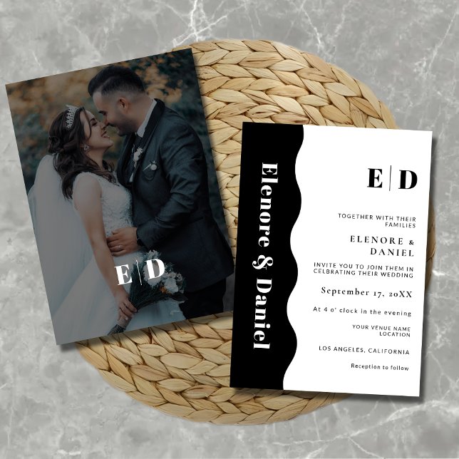 Invitation Mariage photo Monogram noir et blanc côté vague (Monogram Black and White Side Wave Photo Wedding Invitation)