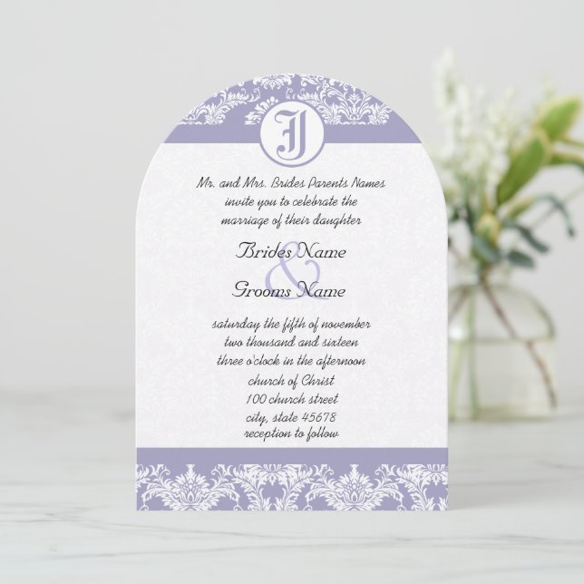 Invitation Mariage photo Monogram Vintage Lavender Damask (Debout devant)