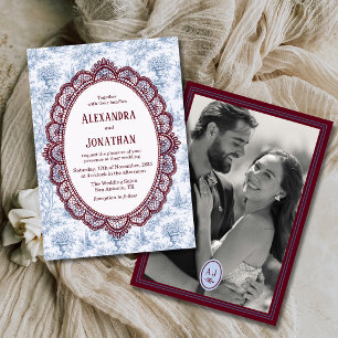 Invitation Mariage Photo Monogramme Broderie Vintage Bourgogn
