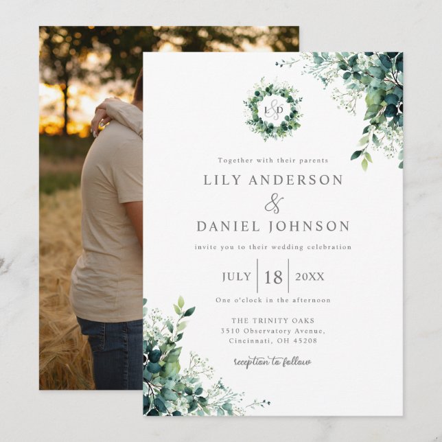 Invitation Mariage Photo Monogrammé de Verdure d'Eucalyptus R (Devant / Derrière)