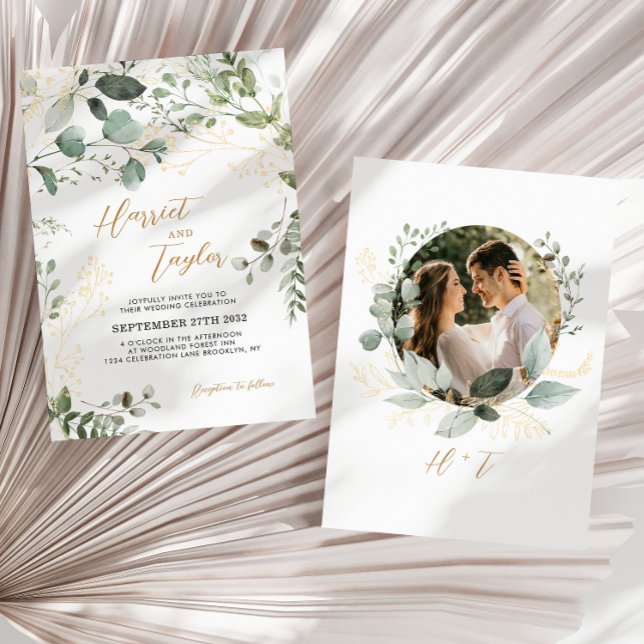 Invitation Mariage Photo Monogramme Eucalyptus Verdure Or (Créateur téléchargé)