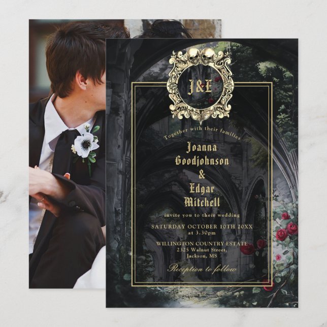 Invitation Mariage Photo Monogramme Floral Roses Ruines Gothi (Devant / Derrière)