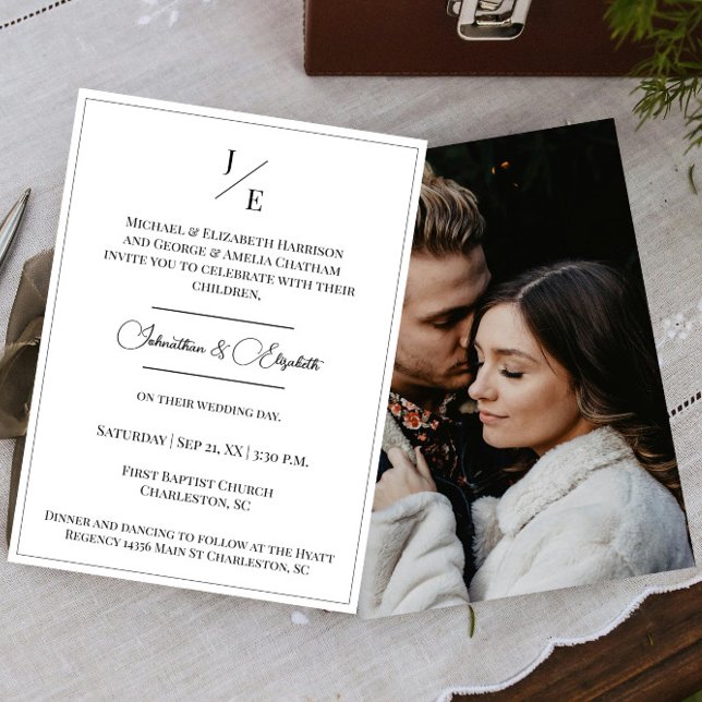 Invitation Mariage photo monogramme minimaliste | BLANCHE (Minimalist Monogram Photo White Wedding Invitation)