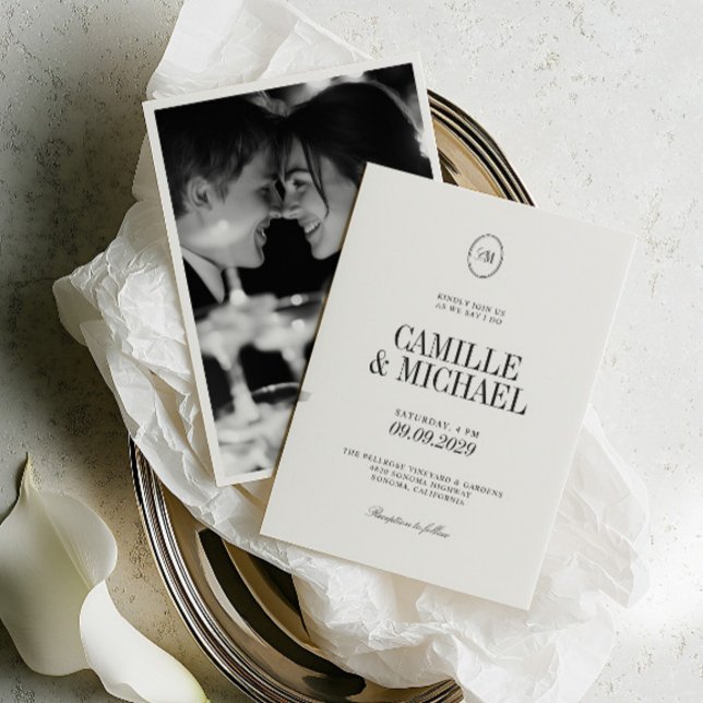 Invitation Mariage Photo Monogramme Noir Doux Blanc Chaud (Warm White Soft Black Monogram Photo Wedding Invitation)