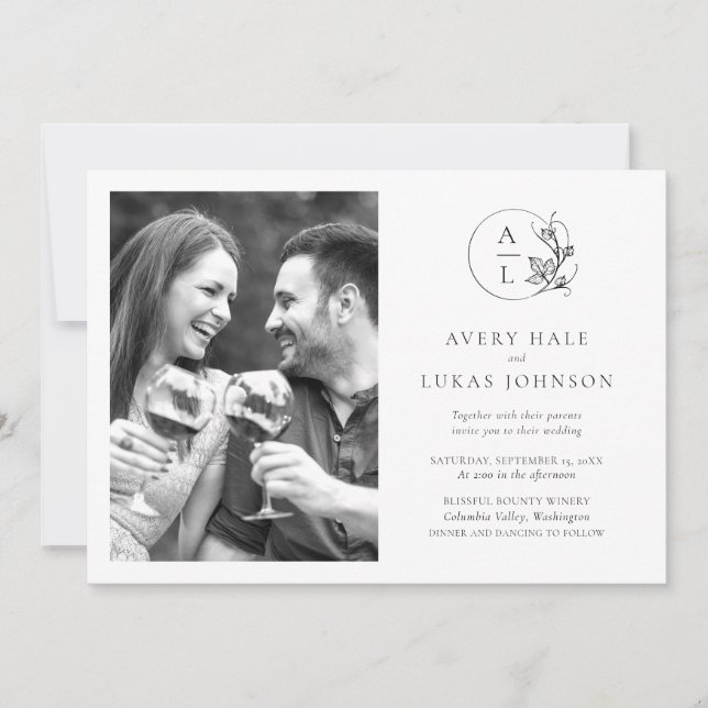 Invitation Mariage photo Monogramme noir et blanc (Devant)