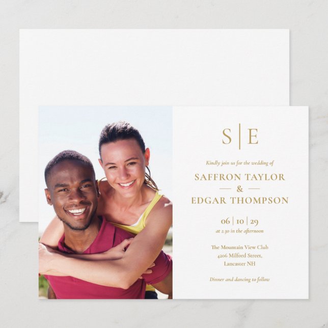 Invitation Mariage Photo Monogramme Or Moderne Élégant (Devant / Derrière)