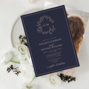 Invitation Mariage photo monogramme rose poudré bleu marine