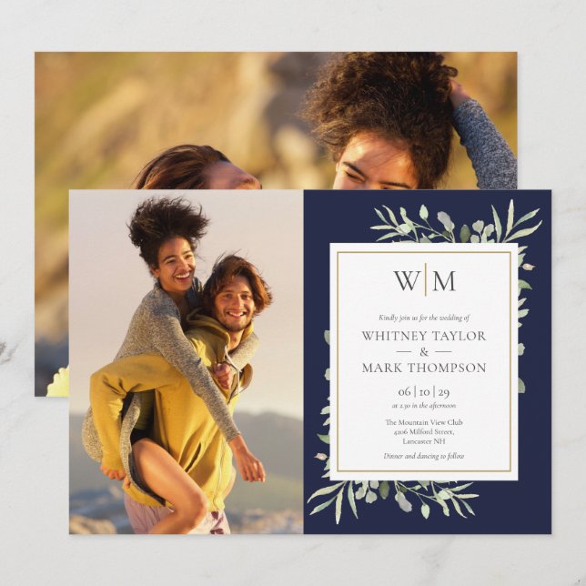 Invitation Mariage photo Monogramme Verdure Bleu marine (Devant / Derrière)