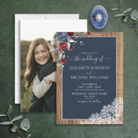 Mariage photo Navy Blue Burgundy Wood Script