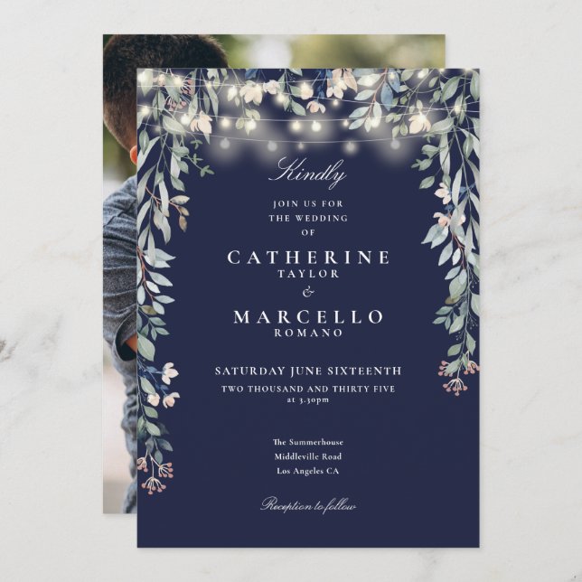 Invitation Mariage photo Navy Blue Floral (Devant / Derrière)