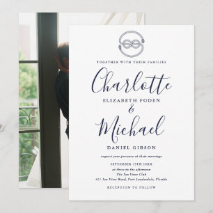 Invitation Mariage Photo Nœud Naudique Script Bleu Marine