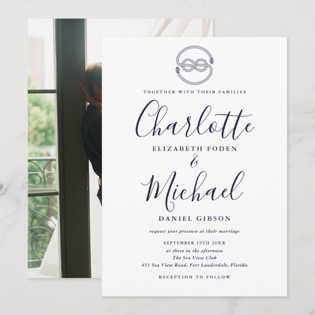 Invitation Mariage Photo Nœud Naudique Script Bleu Marine (Devant / Derrière)