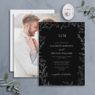 Invitation Mariage photo noir blanc minima feuille