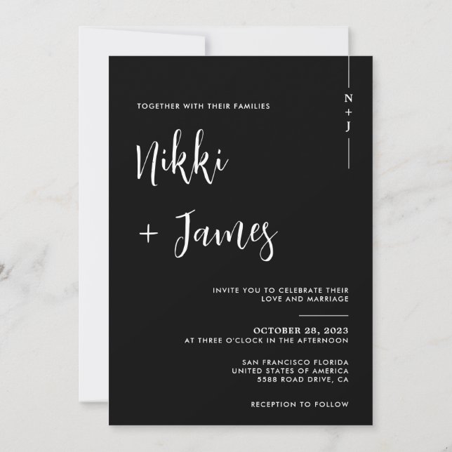 Invitation Mariage photo noir de script Initiales simples (Dos)
