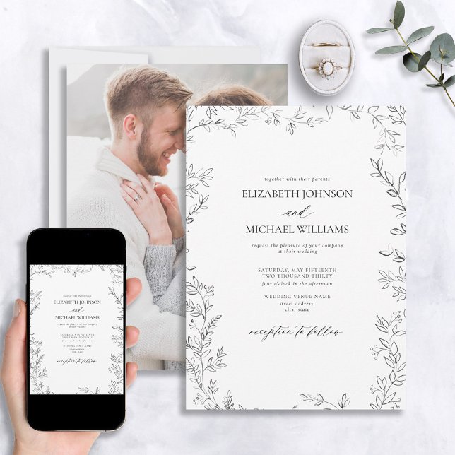Invitation Mariage photo noir et blanc à feuilles minimes mod (Créateur téléchargé)