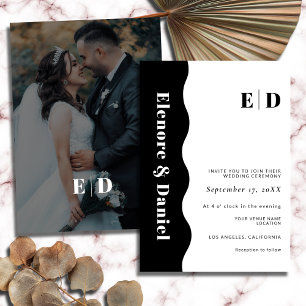 Invitation Mariage photo noir et blanc Monogramme côté vague