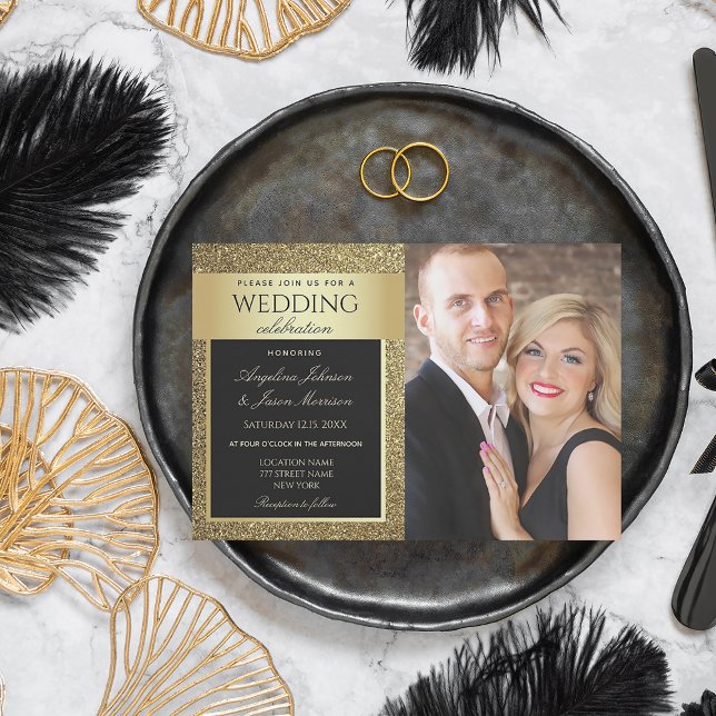 Invitation Mariage Photo Noir et Or Élégant (Créateur téléchargé)