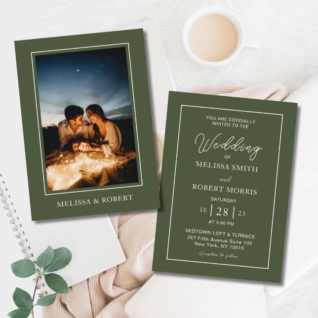 Invitation Mariage photo Olive Green (Modern Olive Green Calligraphy Script Elegant Photo Wedding Invitation Back to Back with White Font)
