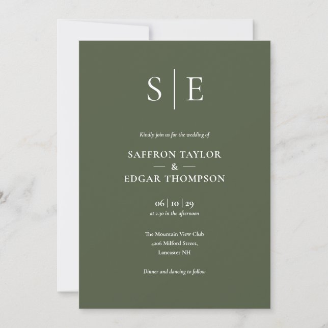 Invitation Mariage photo Olive Green Monogram (Devant)