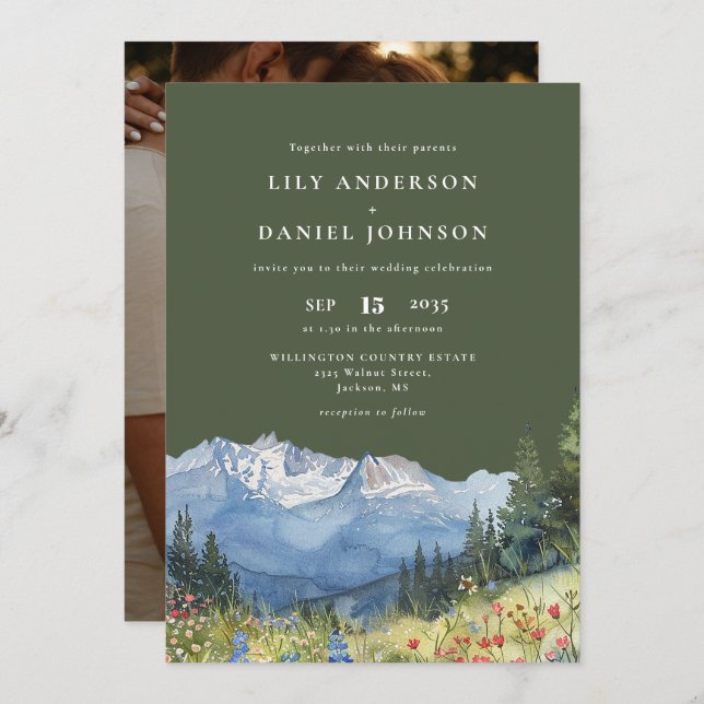 Invitation Mariage photo Olive Green Mountain Fleur sauvage (Devant / Derrière)