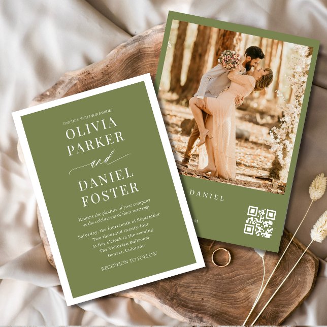 Invitation Mariage photo Olive Green QR Code (Créateur téléchargé)