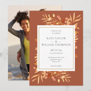 Invitation Mariage Photo Or Botanique en Terracotta