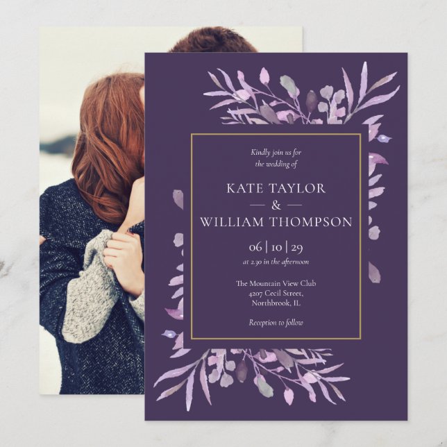 Invitation Mariage Photo Or Chic Feuillage Violet (Devant / Derrière)