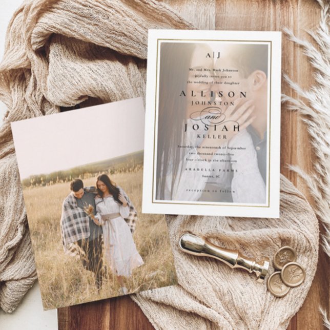 Invitation Mariage Photo Or Élégant Classique (Elegant photo wedding monogram invitations.)