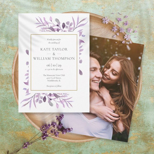 Invitation Mariage Photo Or Feuillage Lavande Violet (Créateur téléchargé)