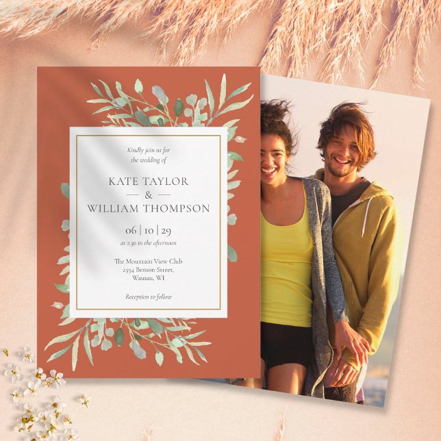 Invitation Mariage Photo Or Vert Terracotta (Créateur téléchargé)