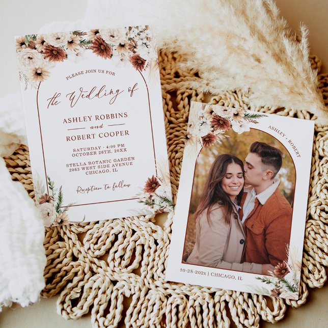 Invitation Mariage photo Pampas Grass Boho Terracotta Arch (Créateur téléchargé)