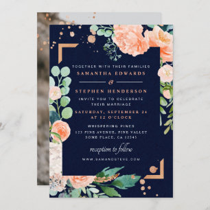 Invitation Mariage photo Peach Marine Cuivre Floral Aquarelle