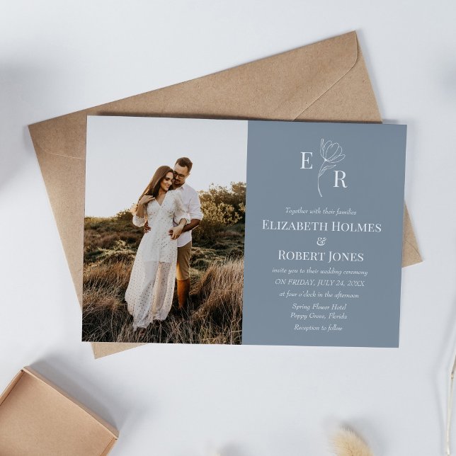 Invitation Mariage photo personnalisé Dusty Blue Floral (Dusty Blue Floral Monogram Custom Photo Wedding Invitation on white table with neutral decoration.)