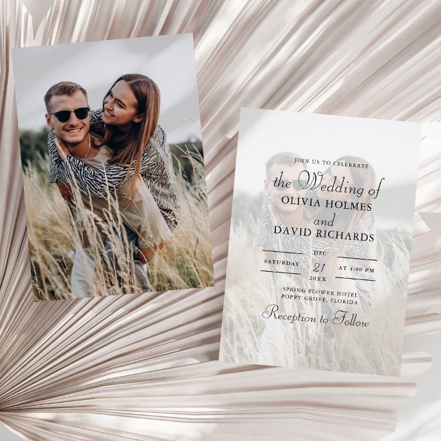 Invitation Mariage photo personnalisé minimaliste simple (Simple Minimalist Custom Photo Wedding Invitation on a sunny neutral dry palm leaf.)