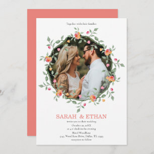 Invitation Mariage photo personnalisé Peach Pink Floral Wreat