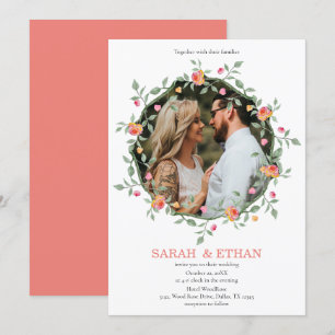 Invitation Mariage photo personnalisé Peach Pink Floral Wreat