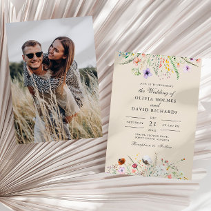 Invitation Mariage photo personnalisé Taupe Fleur sauvage Mea