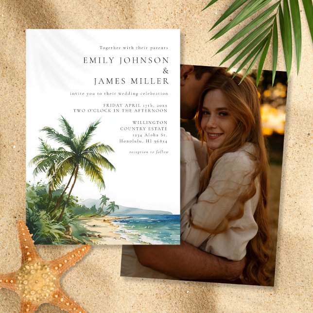 Invitation Mariage Photo Plage Tropicale Aquarelle Moderne (Modern Watercolor Tropical Beach Photo Wedding Invitation)