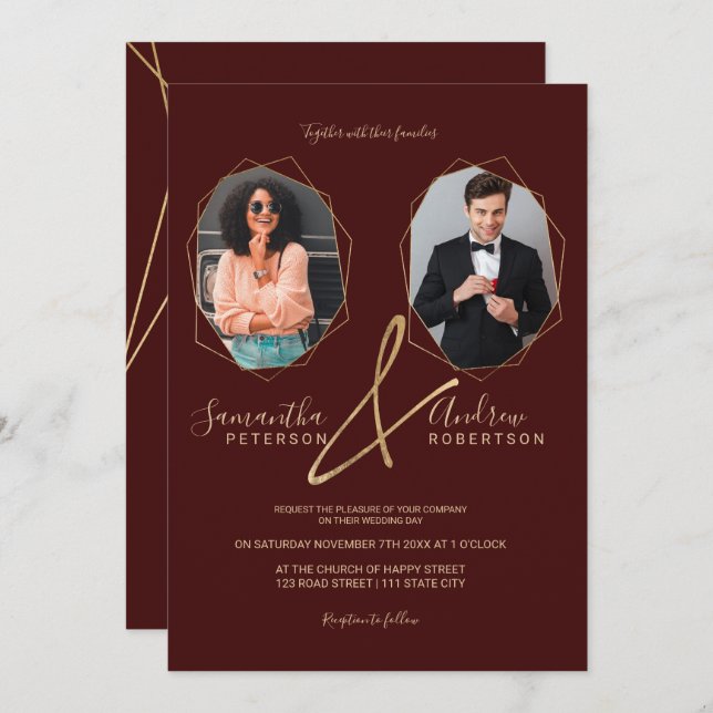 Invitation Mariage photo portrait de cadre de terrarium en or (Devant / Derrière)