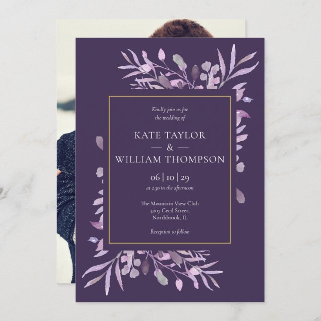 Invitation Mariage photo Purple Foliage Chic Gold (Devant / Derrière)