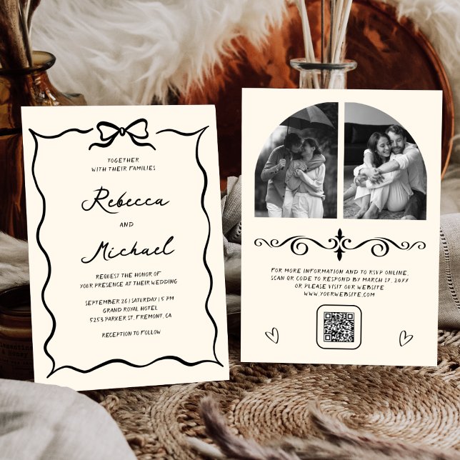 Invitation Mariage photo QR Code à l'arc noir et crème dessin (Créateur téléchargé)